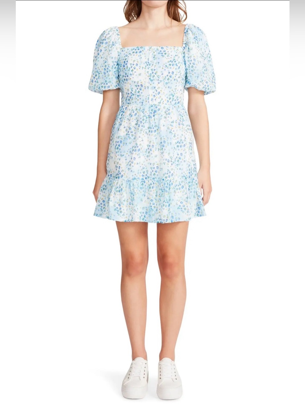 Steve Madden Puffer Than You Cotton Dress Square-Neck Blue Floral Mini Sz S